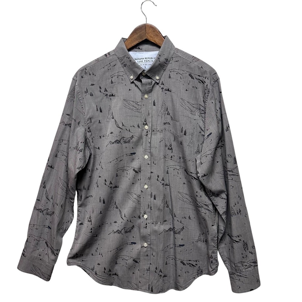 Banana Republic Shirt Mens Button Down Sz L Gray Ski Skier Luxe Poplin Slim Fit
